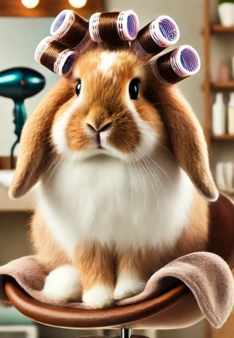 Bunny with hair rollers at salon